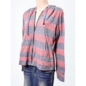 Red and Grey Striped Heathered Zip Up Hoodie Long Sleeve Emo Grunge
